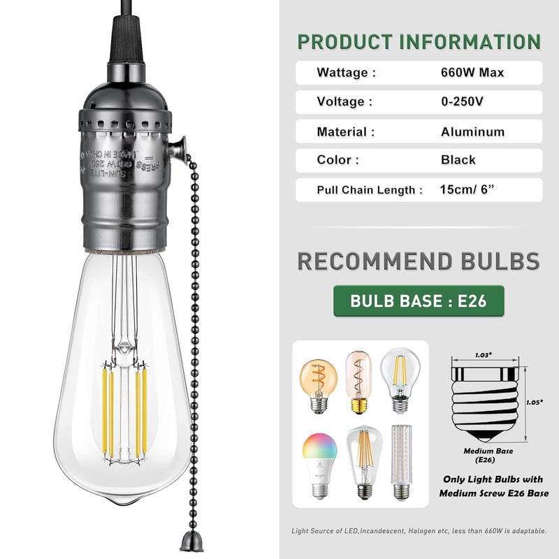EMNOOTI Pull Chain Light Socket Replacement,E26 Standard Screw Lamp Socket,Bulb Socket with Pull Chain Lamp Switch for Table and Floor Lamp,UL Listed - Image 5